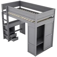 SOFTWEARY Hochbett mit Lattenrost, Schreibtisch und Kleiderschrank (90x200 cm) Kinderbett mit Rausfallschutz grau
