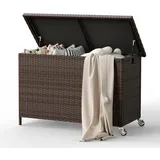 Amopatio 310L Gartenbox Auflagenbox wasserdicht, Kissenbox Outdoor aus Polyrattan, Aufbewahrungsbox Metall mit Rollen & Gasdruckfedern, Gartenkiste wetterfest für Garten, Balkon, Braun
