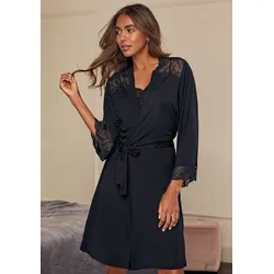 Kimono LASCANA, Damen, Gr. 32/34, schwarz, Viskose, unifarben, Kurzform, Hausmäntel, mit Spitzeneinsätzen