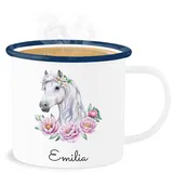 Emaille Becher Blechbecher - Pferde - Pferdekopf Motiv mit Name personalisiert I Pferdemotiv I Pferd Name - 300 ml - Weiß Blau - tasse pferden pferdemädchen tassen