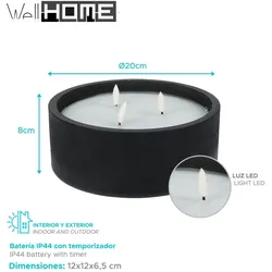 WellHome - 3er Pack runde schwarze LED-Kerzen 20x20x8cm