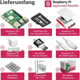 BerryBase Raspberry Pi 5 Starterkit, 64GB microSDHC inkl. Pi OS, Gehäuse, Netzteil, HDMI-Kabel und Zubehör - RAM: 2GB - Farbe: weiß
