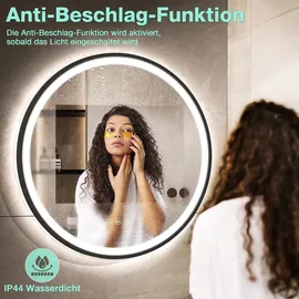 gimbelen LED Runder Badspiegel mit Beleuchtung, 3 Lichtfarben, Dimmbar, Antibeschlag, Energiesparend, Touch-Schalter und Speicherfunktion, LED Badspiegel Schwarz,