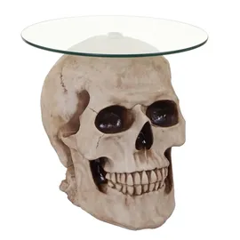 MCW Beistelltisch, Totenkopf MCW-A19, Glastisch Wohnzimmertisch Couchtisch Totenschädel, Polyresin rund Ø55cm natur