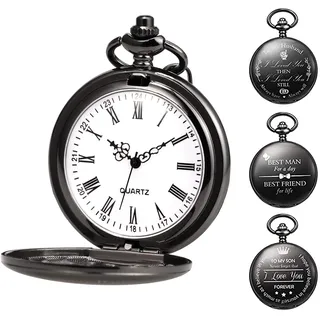 TREEWETO Taschenuhr Personalisiert Gravur Taschenuhr mit Kette Herren Schwarz Geschenk zum Geburtstag Vatertag Vater Vatertagsgeschenk