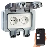 Luminea Home Control Outdoor-WLAN-Aufputz-Doppelsteckdose, Sprachbefehl, Strommessung, App