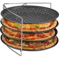 Relaxdays Pizzablech, 4er Set, mit Gestell, antihaftbeschichtet, Carbonstahl, Knusperblech mit Löchern, anthrazit/Silber