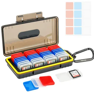 Kiorafoto SD Karten Aufbewahrung mit 36 Pack 3 Farben Klarer Plastik SD Karten Case für 36 SD SDXC SDHC-Karten, Wasserbeständiger Anti-Schock Anti-Staub Speicherkarten Aufbewahrung mit Etiketten
