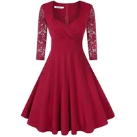 KOJOOIN Damen 50er Vintage Kleid Retro/Cocktailkleid/Abendkleid/Ballkleid Rockabilly V-Ausschnitt Kleid Knielang Langarm Bordeaux Weinrot S - S