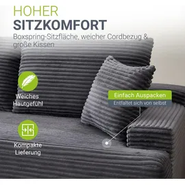 Juskys Eckcouch Cord 3-Sitzer Dunkelgrau