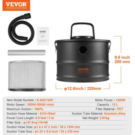 Vevor Aschesauger, 1200W Rußstaubsauger Kaminsauger Grillsauger 15L Behälter