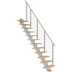 Dolle Mittelholmtreppe Frankfurt Gerade Eiche weiß, geölt 75 cm breit für GH 259 – 301 cm UK Metall Perlgrau mit Geländer