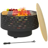 Outsunny 3-in-1 Feuerschale Ø60 x 39cm aus Edelstahl Feuerstelle mit Grillrost Schürhaken Funkenschutz in Holzoptik Feuerschalen Feuerkorb für Garten, Balkon Terrasse, Outdoor BBQ Camping Kohlegrau