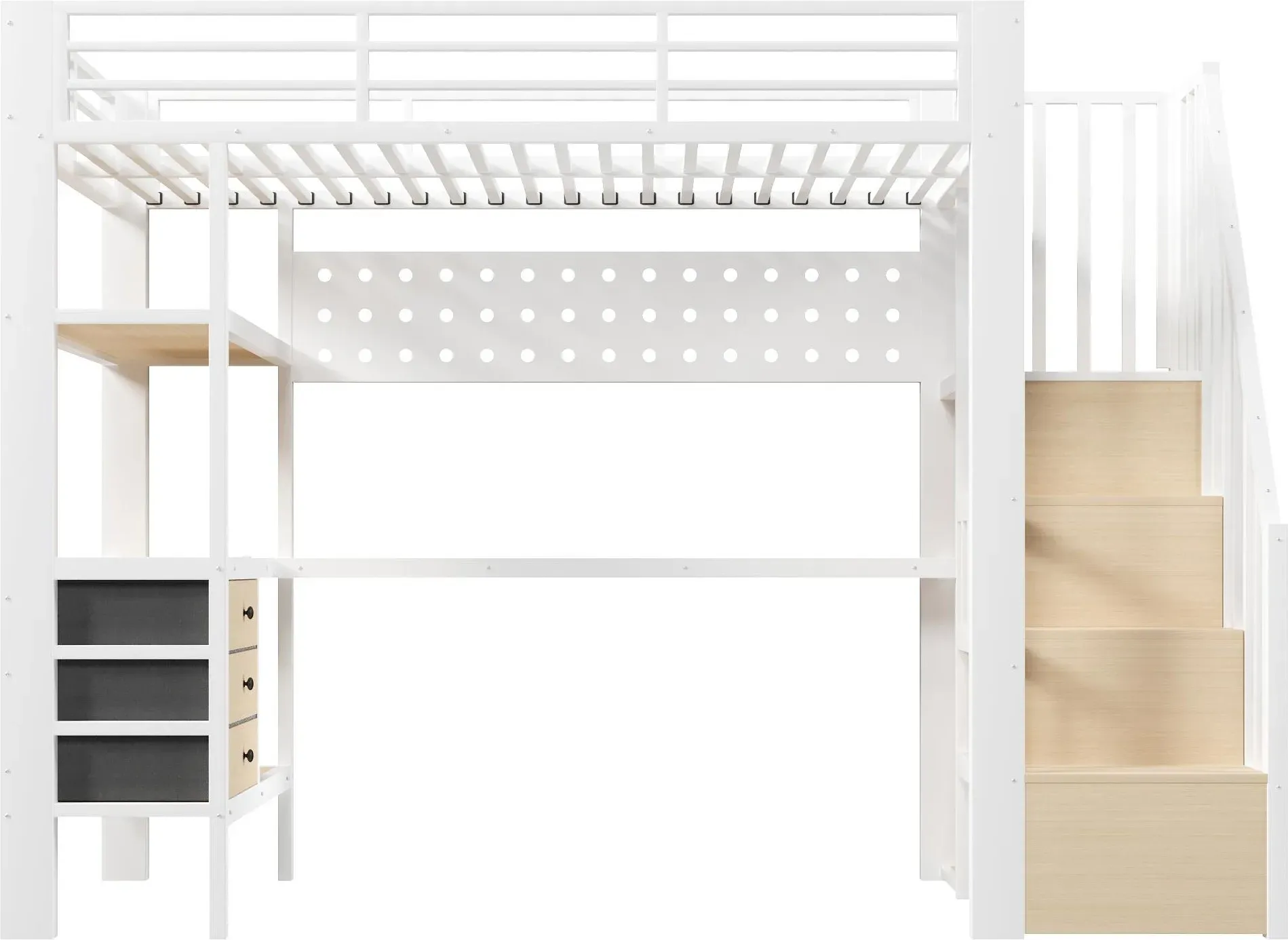 Hochbett 90×200 cm, Ablageböden, Treppe mit Stauraum, ohne Matratze, 251x96x170 cm, Weiß