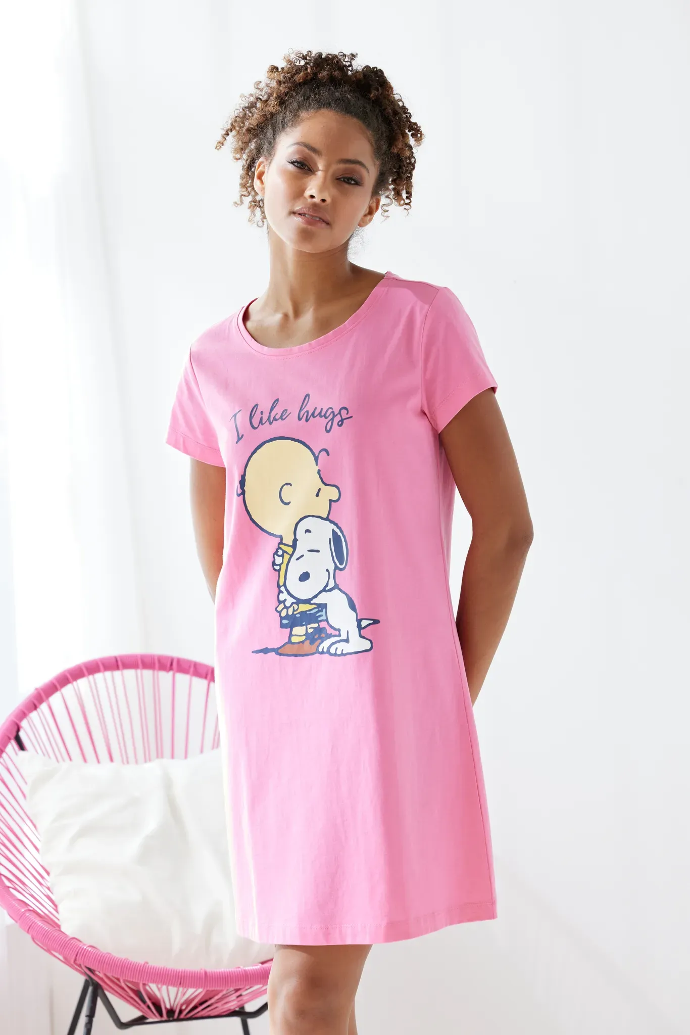 Nachthemd PEANUTS, Damen, Gr. 40/42, N-Gr, pink (pink bedruckt), Single Jersey, Obermaterial: 100% Baumwolle, bedruckt, unifarben, kurz, Rundhals, eingesetzt, Kleider Nachthemd, mit Peanuts Druck