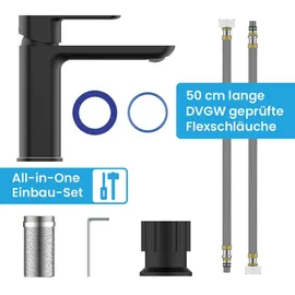 Bächlein Badarmatur Mizarela in klassischem Design, Einhebelmischer mit langlebiger Keramikkartusche und Montage-Set, Bad Wasserhahn Matt Schwarz - flacher Auslauf