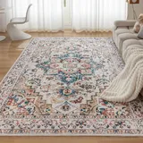 CHOSHOME Waschbarer Teppich Wohnzimmer 120x170CM Teppich Schlafzimmer Vintage Kurzflor Teppich Groß Weiche Teppich für Schlafzimmer rutschfest Teppich Flauschiger Teppich Beige