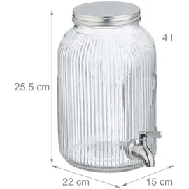 Relaxdays Getränkespender, dekorativer Limobehälter 4L, Zapfhahn u. Deckel, Wasserspender, Glas & Edelstahl, transparent