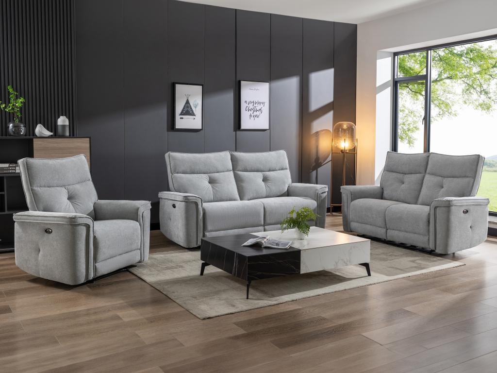 Sofa 3-Sitzer, 2-Sitzer & Relaxsessel elektrisch - Stoff - Grau - BENJAMIN