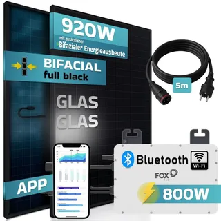 SUNNIVA® 920W Balkonkraftwerk BIFAZIAL FULLBLACK komplett Steckdose FOX ESS 800W Wechselrichter, PV Solaranlage, 2x 460W Glas-Glas Solarmodule, inkl. 5m Kabel, Bluetooth WIFI,
