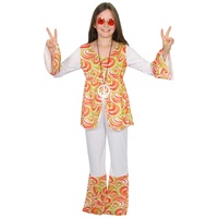 Foxxeo Weißes Hippie Kostüm mit bunten Retro Print für Kinder Fasching Karneval 60er 70er Jahre Motto-Party Größe 158-164
