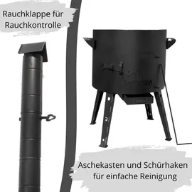 4big.fun Uchag 2mm Stahl Utschak mit Abzugsrohr Kazan 16L Grillfächer Schaumkelle Suppenkelle Utschak Utschag Kasan Feldküche Außenküche Eintopfofen Gulaschkanone