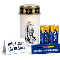 Fachhandel Plus LED Grablicht mit Timer 6/18 Std Motivwahl Grabkerze LED mit Batterie inklusive 2x Varta Longlife C LR14 für Friedhof Gedenkplatz und Außenbereich (Weiß, betende Hände)