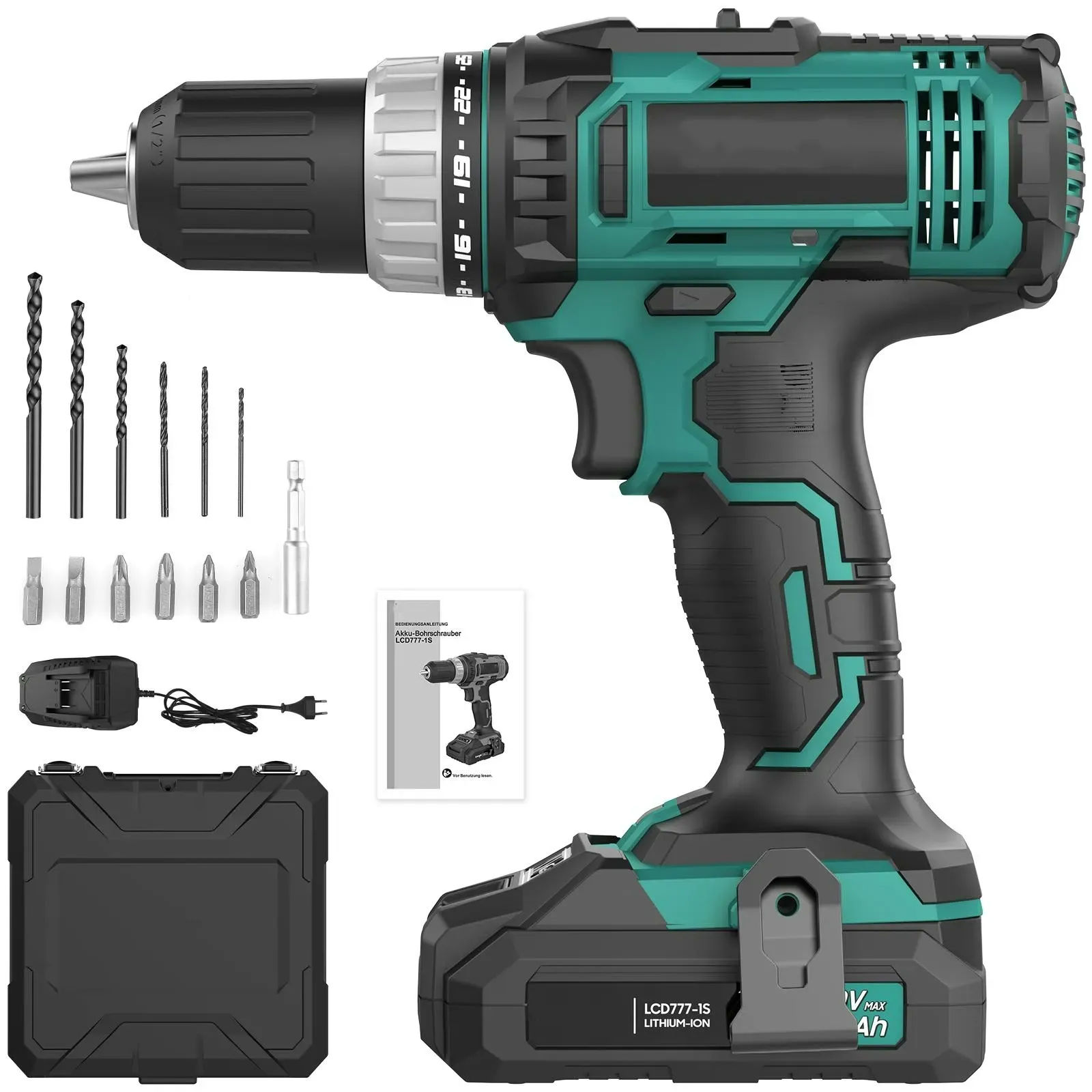 Akku-Bohrschrauber Akku-Schraubendreher Set, 21V Akku-Bohrschrauber mit 2 Akkus, max. 1350,00 U/min, Led Light, mit Akku Ladegerät und Werkze