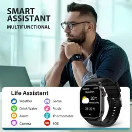 souyie Smartwatch Herren Damen mit Telefonfunktion, 2.04” AMOLED Display, IP68 Wasserdicht Sportuhr, mit Blutdruck, Herzfrequenz, SpO2, Android iOS - Schwarz