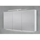 Intarbad Badezimmerspiegelschrank 3-türiger Spiegelschrank mit schmaler MULTI LED Aufsatzleuchte dimmbar (Doppelspiegeltüren, Holz-/ Lackdekore, Maße von 120 bis 140 cm wählbar, Höhe 70 cm, Glasfachböden, Magnetleiste & Kosmetikspiegel Ø 12 cm) Vormontierte Lieferung, Floatglas, 160 kg Traglast, Made in Germany weiß 140 cm x 70 cm x 13,5 cm