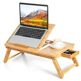 LIFEZEAL Laptoptisch Bambus fürs Bett, Höhenverstellbarer & Klappbarer Betttisch, Tragbarer Betttablett Notebooktisch mit Kühllöchern & Schublade (Natur)