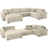 luma-home schönes für dein zuhause Wohnlandschaft U-Form 379/227/86 cm breit, Sofa Schlaffunktion Bettkasten, Wellenfedern, spiegelverkehrt montierbar, Cord Beige Grau / 15200