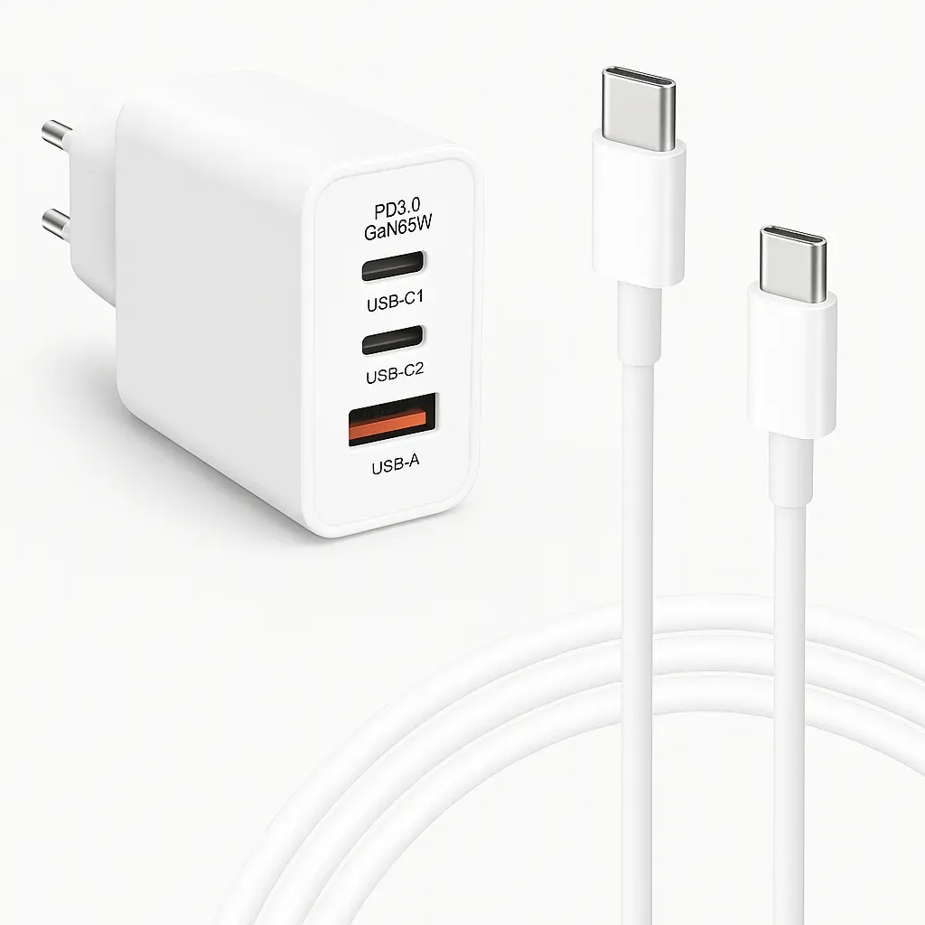 65 W USB-C Schnellladekabel mit Datenfunktion 1m inklusive 65W USB C und USB-A Netzteil Ladeset für Smartphone MacBook Laptop und Tablet kompakt Weiß