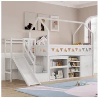 IDEASY Hochbett Kinderbett 90*200cm, Hochbett mit Rutsche und Treppen, Holzbett (Einzelbett mit Schubladen und Schließfach) Hausbett mit magnetischer Tür, ohne Matratze weiß