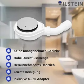 VILSTEIN VILSTEIN® Duschwannen Siphon [90mm] Duschablauf mit Geruchsverschluss und Haarsieb, Ablaufgarnitur Set Dusche, Chrom