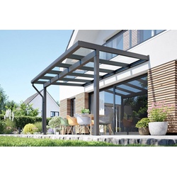 Rexin Terrassendach REXOclassic – 4m x 2m elegantes Aluminium Terrassendach, BxT: 406×200 cm, Bedachung VSG-Glas klar oder VSG-Glas grau, 4mm starke Profile, Terassenüberdachung, Vordach weiß