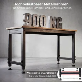 Fantask COSTWAY 122cm schwerlast Werkbank, höhenverstellbarer Arbeitstisch mit Metallrahmen, Lochwand, Steckdose & 2,5cm Massivholzplatte, Werktisch bis 9... - Schwarz/Naturbelassen