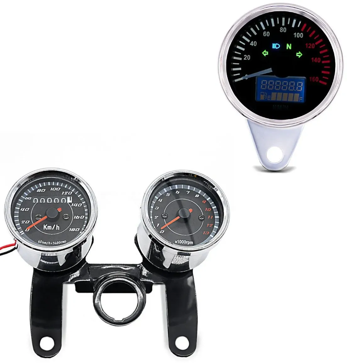 Set: Tachometer KTX Speedometer universal in chrom + Tachometer Drehzahlmesser Analog VTV chrom