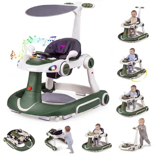 FANTASK 7 in 1 Lauflernhilfe mit abnehmbarem Verdeck, Lauflernwagen höhenverstellbar mit Spielboard, Musik, Licht & Rädern, Gehfrei mit einstellbarer Geschwindigkeit für Baby ab 6 Monaten (Grün)