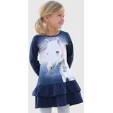 Miss Melody MISS MELODY, Mädchen, Gr. 128/134, N-Gr, blau (marine, bedruckt), Single Jersey, Obermaterial: 95% Baumwolle, 5% Elasthan, bedruckt, Rundhals, Raglanärmel abgesteppte Kante, Kleider Jerseykleid, toller Frontdruck mit Glitzereffekt