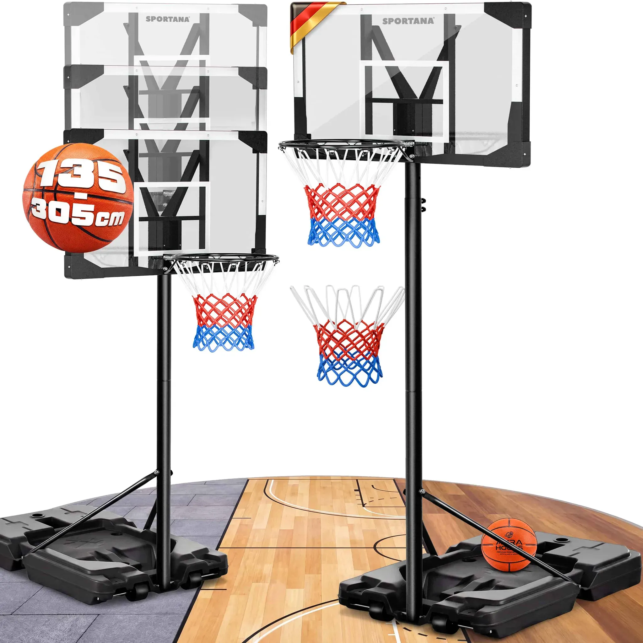 Basketballkorb Outdoor höhenverstellbar 135 –305 cm stabil wetterfest mit Ständer 60 kg Sockel Rollen