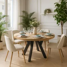 dekori.interiors Runder Ausziehbarer Tisch für Esszimmer, Pero, Loft-Stil, Skandinavische, Durchmesser: 110 / 210 cm, Eiche Craft Golden / Schwarz - Braun