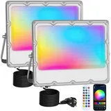 MEEKBOS 2 Stück RGB Strahler Outdoor 150W,LED Strahler Bunt Mit Bluetooth APP Und 2.4G Fernbedienung,IP66 Wasserdicht Farbwechsel Dimmbar Fluter für Halloween,Weihnachten,Party