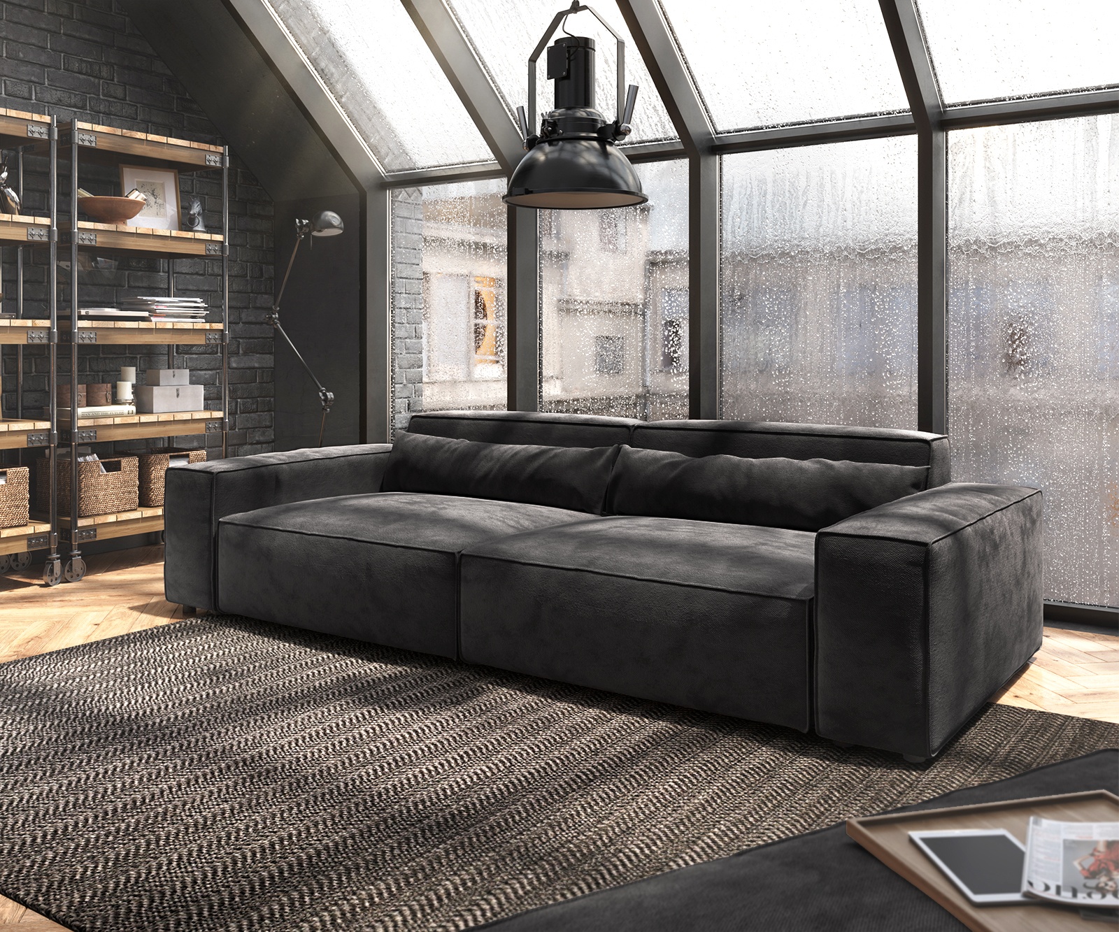 DELIFE Big-Sofa Sirpio XL 270x130 cm Microfibre Noir avec Tabouret, Grands canapés