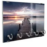 DEQORI Schlüsselbrett 'Steg bei Sonnenuntergang', (1 St), Schlüsselhalter Schlüssel Haken Schlüsselboard modern Schlüsselleiste blau|grau