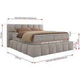 MKS Meble MKS Boxspringbett 180 x 200 mit bettkasten NIRA KING, Polsterbett 7 Zonen Multipocket-Matratze und Topper, Doppelbett - Hellgrau Strukture - H4 - Hellgrau