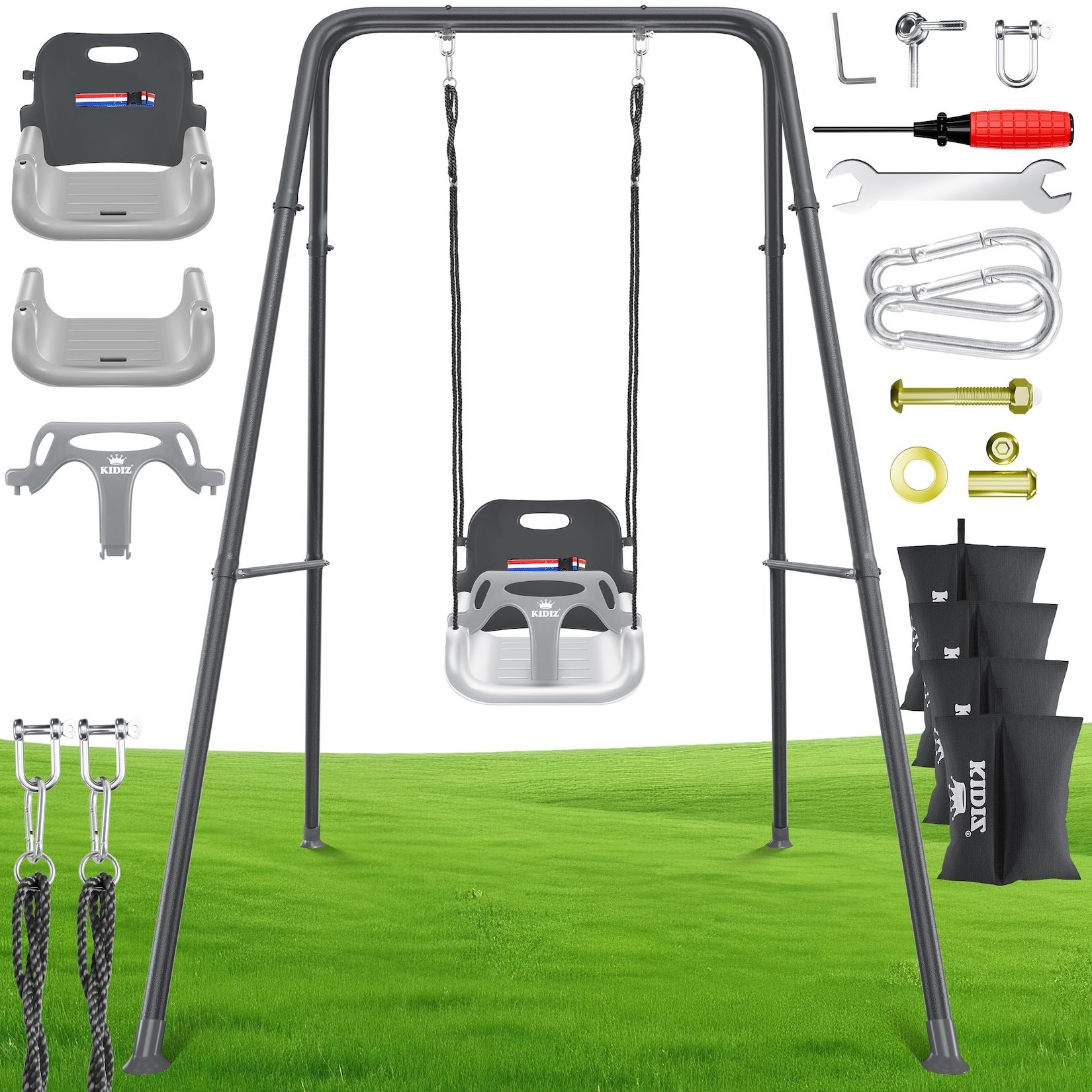 KIDIZ® Babyschaukel mit Gestell 3-in-1 Indoor & Outdoor   Kinderschaukel mit Metallständer höhenverstellbar   Schaukelgestell + 4 Sandsäcke & Sicherheitsgurt   Mitwachsender Schaukelsitz