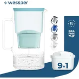 Wessper Wasserfilterkanne aus Glas 3 L Kompatibel mit Brita-Wasserfilterkartuschen, Inklusive 10 Wasserfilter-Kartusche, Minze - Grün