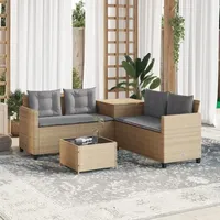 vidaXL Gartensofa in L-Form mit Tisch und Kissen Beige Poly Rattan