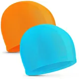 2 Stücke Elastische Badekappen Komfortable Stoff Badehut Leichte Badekappen für Frauen Männer Kinder beim Schwimmen (Himmelblau, Orange)